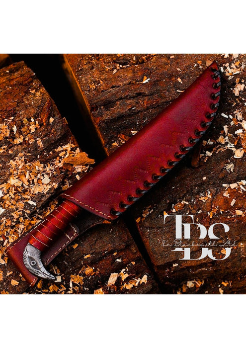 Handcrafted Eagle-Handle Fantasy Knife, Sharp Damascus Blade, Maroon Leather-Wrapped Handle, Collector’s Edition, Unique Gift, Christmas Gift, Anniversary Gift, Groomsmen Gift - TheBlacksmithLtd #