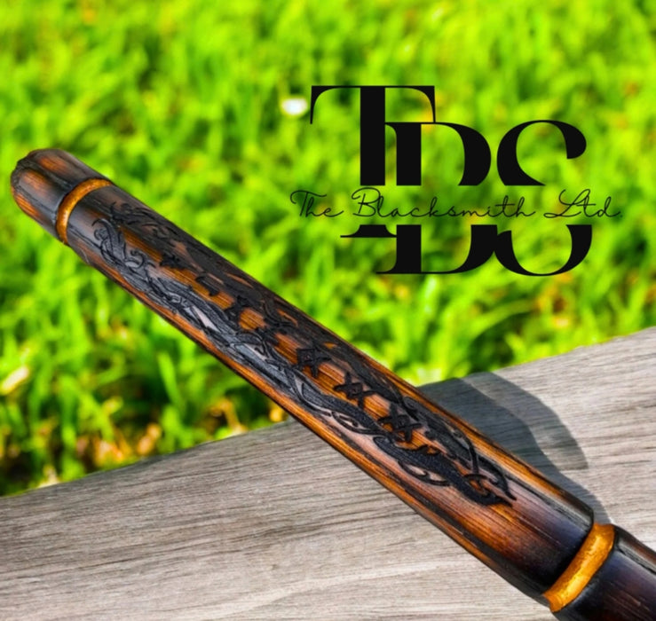 Quarter Staff of Nidhogg – 60-Inch Engraved Solid Oak Staff with Golden Celtic Knot Design | Magic Staff for Wizards, Druids, Monks, or Collectors | Unique Anniversary, Christmas, and Groomsmen Gift