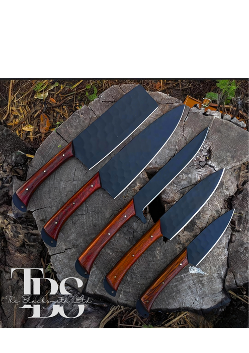 Handmade 5-Piece Knife Set with Dark Brown Handles and Black Dotted Blades – Perfect for Christmas Gifts, Anniversary Gifts, and Groomsmen Gifts