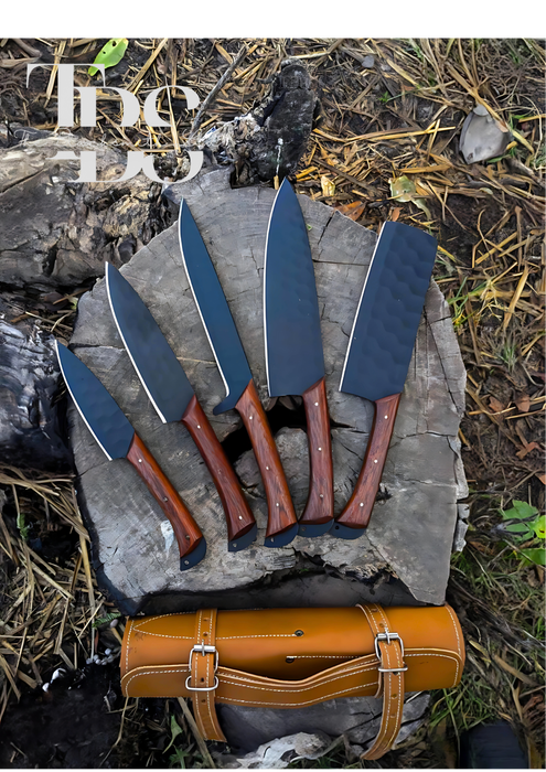 Handmade 5-Piece Knife Set with Dark Brown Handles and Black Dotted Blades – Perfect for Christmas Gifts, Anniversary Gifts, and Groomsmen Gifts