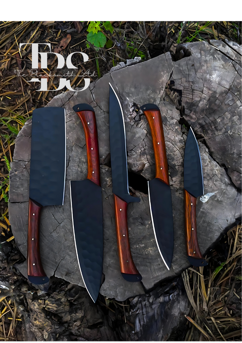 Handmade 5-Piece Knife Set with Dark Brown Handles and Black Dotted Blades – Perfect for Christmas Gifts, Anniversary Gifts, and Groomsmen Gifts