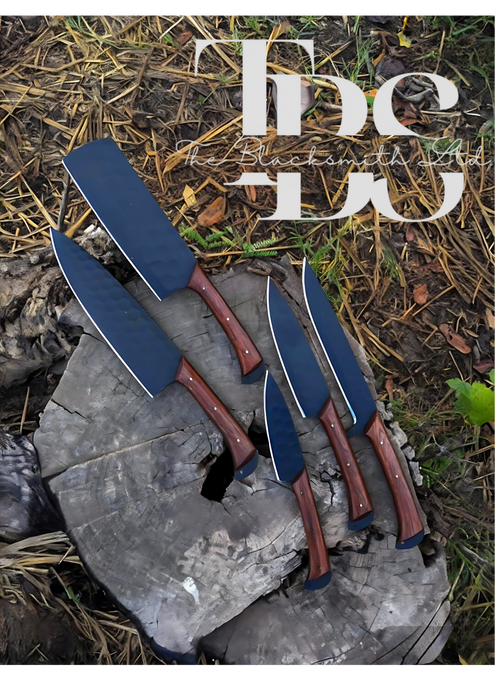 Handmade 5-Piece Knife Set with Dark Brown Handles and Black Dotted Blades – Perfect for Christmas Gifts, Anniversary Gifts, and Groomsmen Gifts