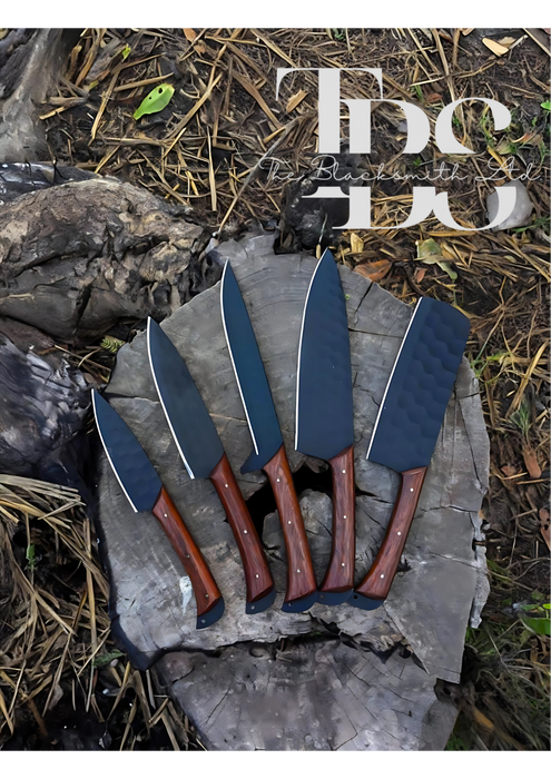 Handmade 5-Piece Knife Set with Dark Brown Handles and Black Dotted Blades – Perfect for Christmas Gifts, Anniversary Gifts, and Groomsmen Gifts