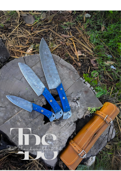 Handmade 3-Piece Knife Set with Blue Handles and Full Tang Damascus Steel Blades – Perfect for Christmas Gifts, Anniversary Gifts, and Groomsmen Gifts