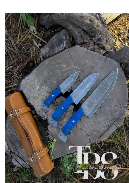 Handmade 3-Piece Knife Set with Blue Handles and Full Tang Damascus Steel Blades – Perfect for Christmas Gifts, Anniversary Gifts, and Groomsmen Gifts