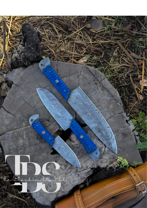 Handmade 3-Piece Knife Set with Blue Handles and Full Tang Damascus Steel Blades – Perfect for Christmas Gifts, Anniversary Gifts, and Groomsmen Gifts