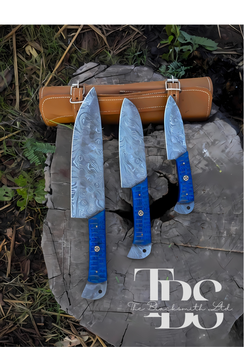 Handmade 3-Piece Knife Set with Blue Handles and Full Tang Damascus Steel Blades – Perfect for Christmas Gifts, Anniversary Gifts, and Groomsmen Gifts