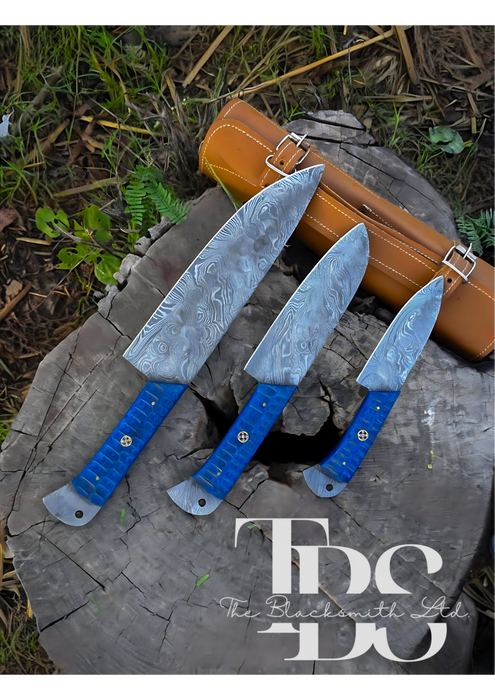 Handmade 3-Piece Knife Set with Blue Handles and Full Tang Damascus Steel Blades – Perfect for Christmas Gifts, Anniversary Gifts, and Groomsmen Gifts