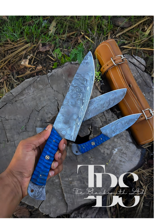 Handmade 3-Piece Knife Set with Blue Handles and Full Tang Damascus Steel Blades – Perfect for Christmas Gifts, Anniversary Gifts, and Groomsmen Gifts