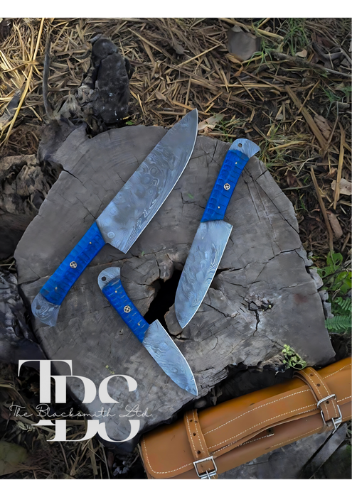 Handmade 3-Piece Knife Set with Blue Handles and Full Tang Damascus Steel Blades – Perfect for Christmas Gifts, Anniversary Gifts, and Groomsmen Gifts