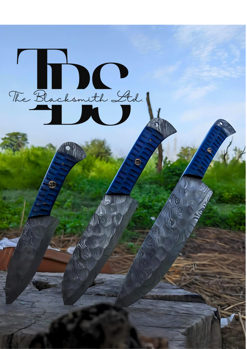 Handmade 3-Piece Knife Set with Blue Handles and Full Tang Damascus Steel Blades – Perfect for Christmas Gifts, Anniversary Gifts, and Groomsmen Gifts