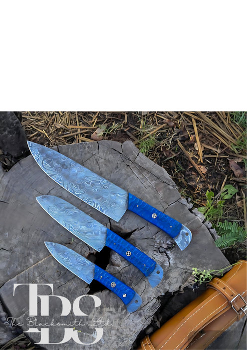 Handmade 3-Piece Knife Set with Blue Handles and Full Tang Damascus Steel Blades – Perfect for Christmas Gifts, Anniversary Gifts, and Groomsmen Gifts