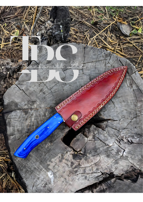 Handmade Damascus Steel Knife with Leather Pouch – Choice of Blue or Brown Handle – Perfect for Christmas Gifts, Anniversary Gifts, and Groomsmen Gifts