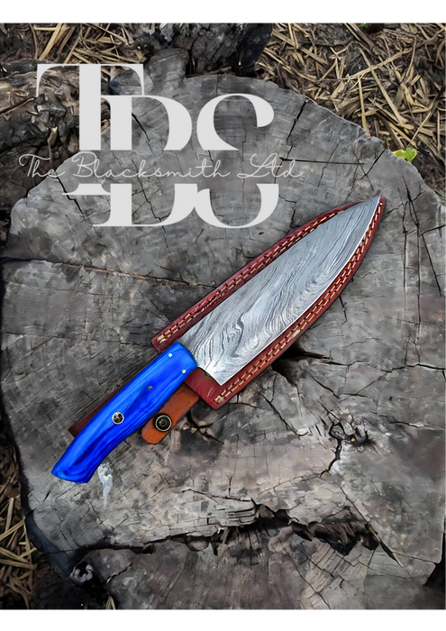 Handmade Damascus Steel Knife with Leather Pouch – Choice of Blue or Brown Handle – Perfect for Christmas Gifts, Anniversary Gifts, and Groomsmen Gifts