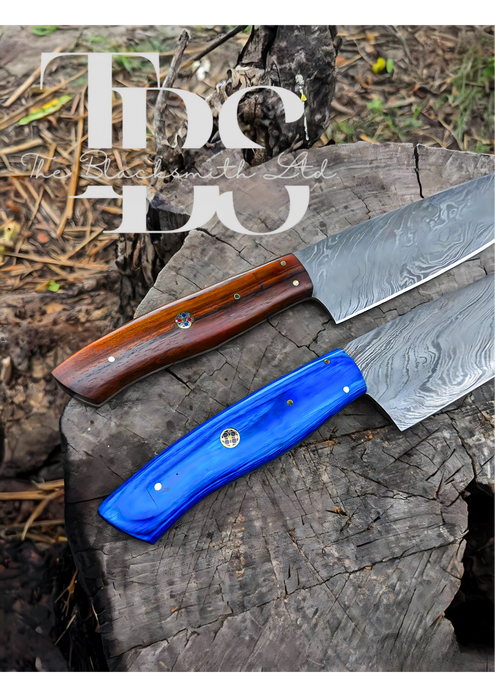 Handmade Damascus Steel Knife with Leather Pouch – Choice of Blue or Brown Handle – Perfect for Christmas Gifts, Anniversary Gifts, and Groomsmen Gifts