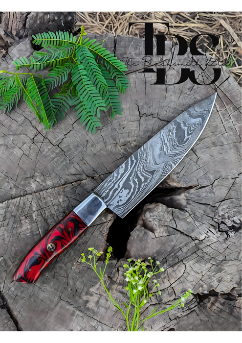 Handmade Damascus Steel Knife with Red and Black Handle, Leather Pouch – Perfect for Christmas Gifts, Anniversary Gifts, and Groomsmen Gifts