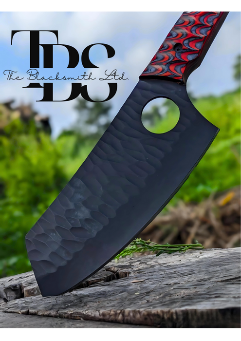 Handmade Damascus Steel Meat Cleaver – Choice of Red or Black Handle with Hanging Hook, Stylish Black Blade, and Wavy Design – Perfect for Christmas Gifts, Anniversary Gifts, and Groomsmen Gifts