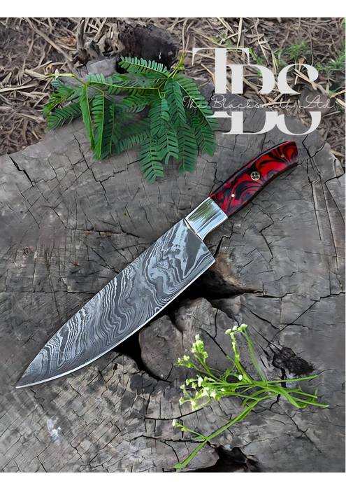 Handmade Damascus Steel Knife with Red and Black Handle, Leather Pouch – Perfect for Christmas Gifts, Anniversary Gifts, and Groomsmen Gifts