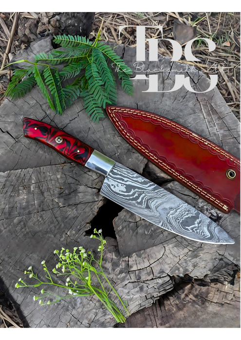 Handmade Damascus Steel Knife with Red and Black Handle, Leather Pouch – Perfect for Christmas Gifts, Anniversary Gifts, and Groomsmen Gifts