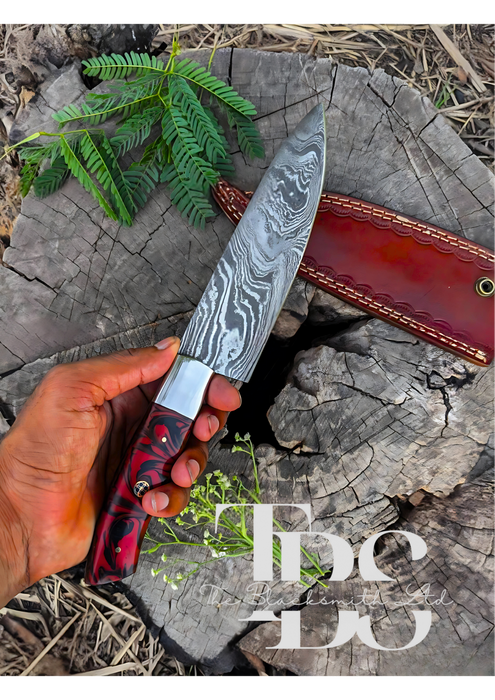 Handmade Damascus Steel Knife with Red and Black Handle, Leather Pouch – Perfect for Christmas Gifts, Anniversary Gifts, and Groomsmen Gifts