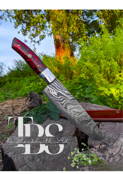 Handmade Damascus Steel Knife with Red and Black Handle, Leather Pouch – Perfect for Christmas Gifts, Anniversary Gifts, and Groomsmen Gifts