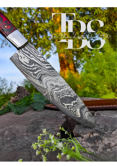 Handmade Damascus Steel Knife with Red and Black Handle, Leather Pouch – Perfect for Christmas Gifts, Anniversary Gifts, and Groomsmen Gifts