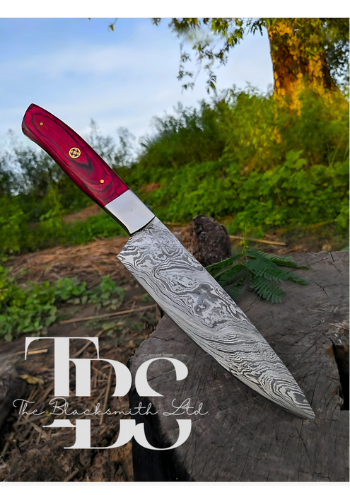 Handmade Damascus Steel Knife with Red Wooden-Textured Handle and Wavy Blade Pattern – Perfect Christmas Gift, Anniversary Gift, or Groomsmen Gift