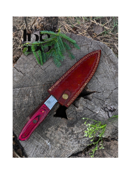 Handmade Damascus Steel Knife with Red Wooden-Textured Handle and Wavy Blade Pattern – Perfect Christmas Gift, Anniversary Gift, or Groomsmen Gift