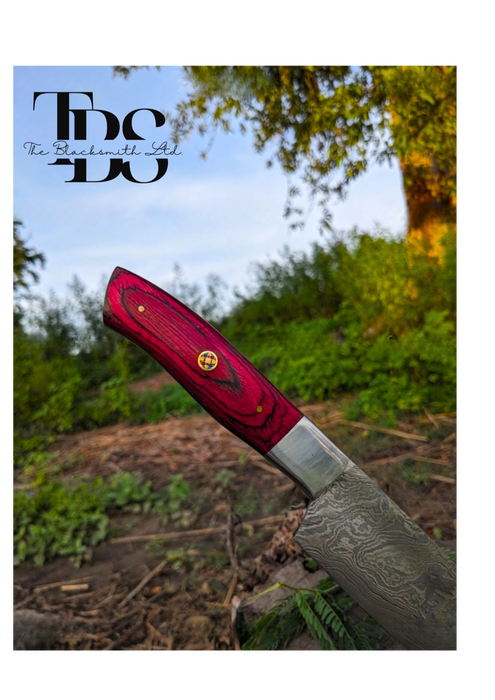 Handmade Damascus Steel Knife with Red Wooden-Textured Handle and Wavy Blade Pattern – Perfect Christmas Gift, Anniversary Gift, or Groomsmen Gift