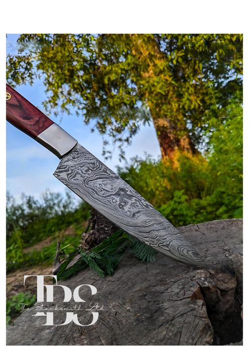 Handmade Damascus Steel Knife with Red Wooden-Textured Handle and Wavy Blade Pattern – Perfect Christmas Gift, Anniversary Gift, or Groomsmen Gift