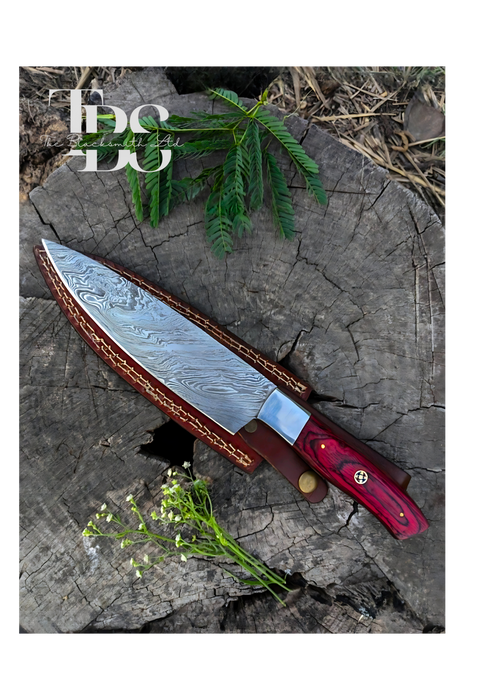 Handmade Damascus Steel Knife with Red Wooden-Textured Handle and Wavy Blade Pattern – Perfect Christmas Gift, Anniversary Gift, or Groomsmen Gift