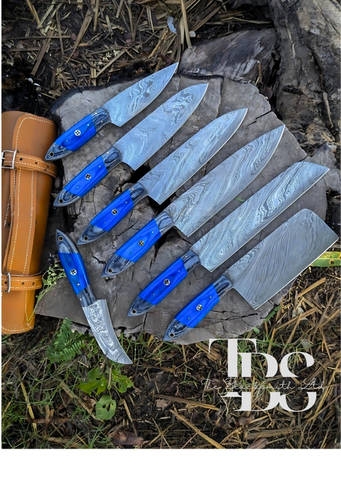 Handmade Damascus Knife Set with Blue Handles – 7-Piece Set in Various Sizes and Designs, Perfect for Kitchen, Camping, BBQ, Christmas Gift, and Anniversary Gift