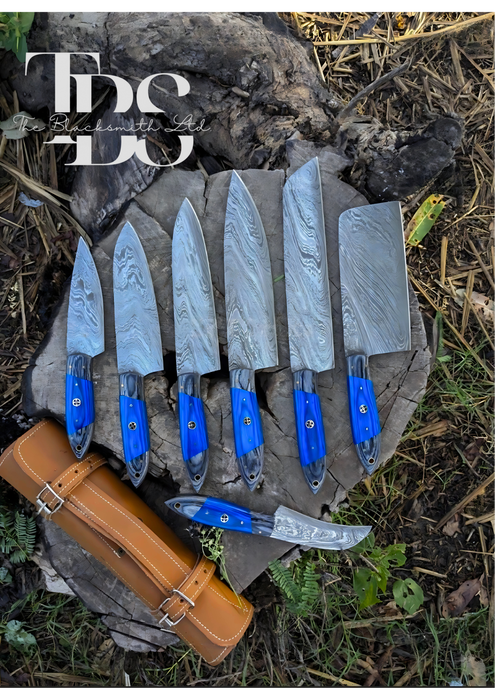 Handmade Damascus Knife Set with Blue Handles – 7-Piece Set in Various Sizes and Designs, Perfect for Kitchen, Camping, BBQ, Christmas Gift, and Anniversary Gift