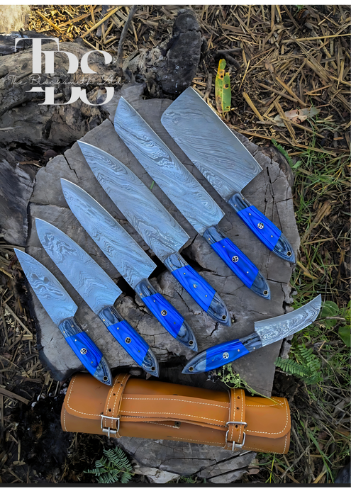 Handmade Damascus Knife Set with Blue Handles – 7-Piece Set in Various Sizes and Designs, Perfect for Kitchen, Camping, BBQ, Christmas Gift, and Anniversary Gift