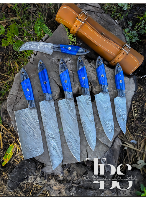 Handmade Damascus Knife Set with Blue Handles – 7-Piece Set in Various Sizes and Designs, Perfect for Kitchen, Camping, BBQ, Christmas Gift, and Anniversary Gift