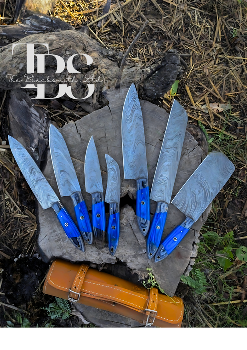 Handmade Damascus Knife Set with Blue Handles – 7-Piece Set in Various Sizes and Designs, Perfect for Kitchen, Camping, BBQ, Christmas Gift, and Anniversary Gift