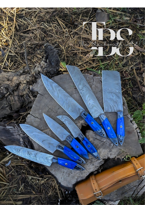 Handmade Damascus Knife Set with Blue Handles – 7-Piece Set in Various Sizes and Designs, Perfect for Kitchen, Camping, BBQ, Christmas Gift, and Anniversary Gift