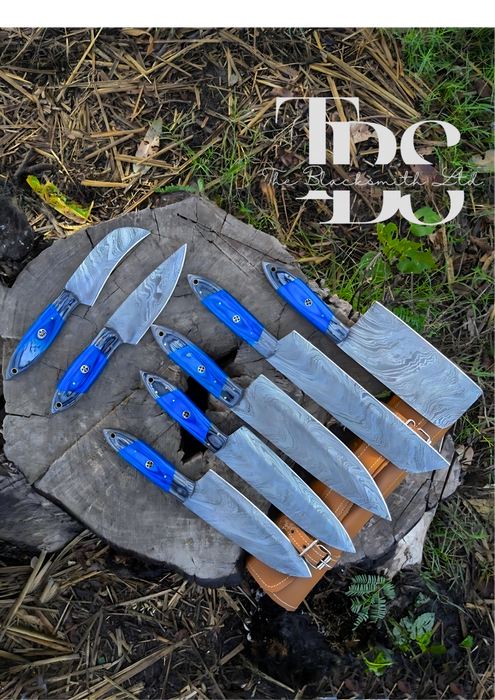 Handmade Damascus Knife Set with Blue Handles – 7-Piece Set in Various Sizes and Designs, Perfect for Kitchen, Camping, BBQ, Christmas Gift, and Anniversary Gift