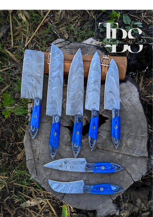 Handmade Damascus Knife Set with Blue Handles – 7-Piece Set in Various Sizes and Designs, Perfect for Kitchen, Camping, BBQ, Christmas Gift, and Anniversary Gift