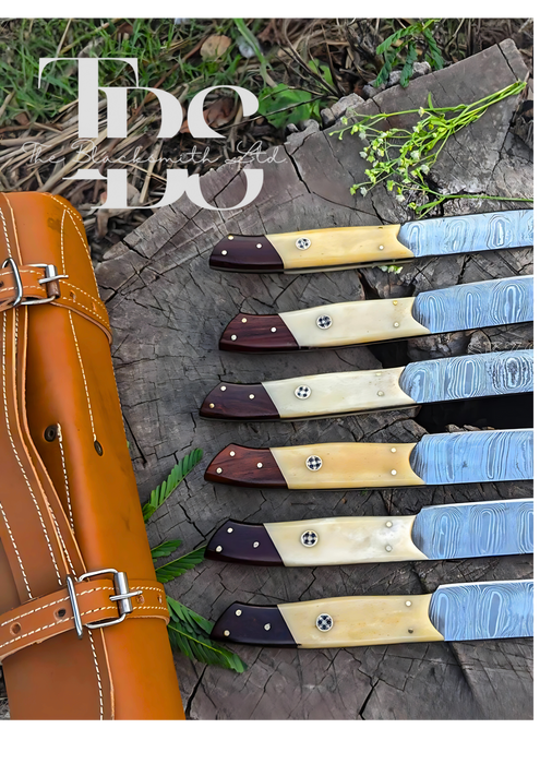 Handmade 6-Piece Steak Knife Set with Beige Handles and Dark Brown Design, Damascus-Style Wavy Blades – Perfect Christmas Gift, Anniversary Gift, or Groomsmen Gift