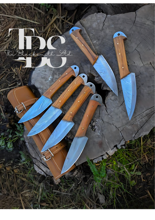 Handmade 6-Piece Knife Set with Brown Handles, Damascus Blades, and Carry Bag – Perfect Christmas Gift, Anniversary Gift, or Groomsmen Gift