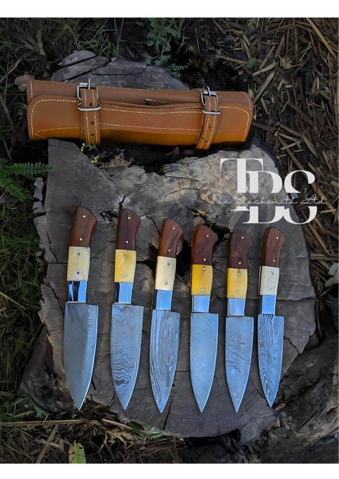 Handmade 6-Piece Knife Set with Beige and Brown Handles, Damascus Blades, and Carry Bag – Perfect Christmas Gift, Anniversary Gift, or Groomsmen Gift