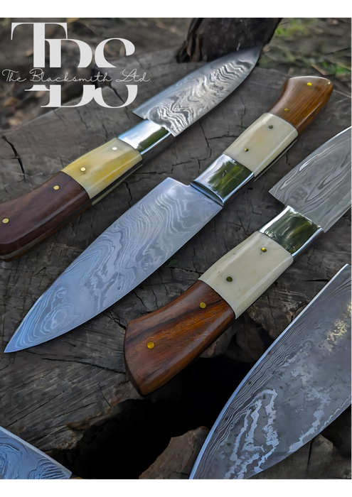 Handmade 6-Piece Knife Set with Beige and Brown Handles, Damascus Blades, and Carry Bag – Perfect Christmas Gift, Anniversary Gift, or Groomsmen Gift