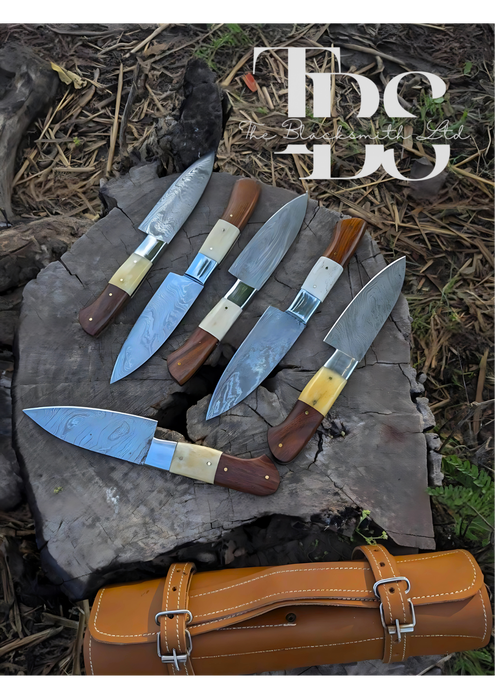 Handmade 6-Piece Knife Set with Beige and Brown Handles, Damascus Blades, and Carry Bag – Perfect Christmas Gift, Anniversary Gift, or Groomsmen Gift