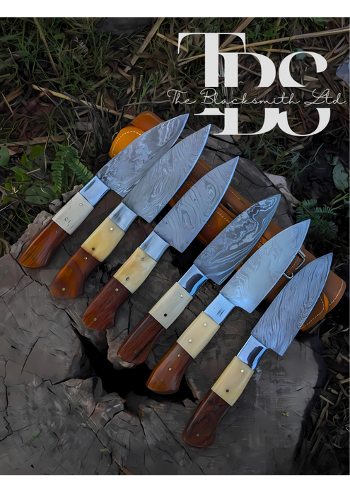 Handmade 6-Piece Knife Set with Beige and Brown Handles, Damascus Blades, and Carry Bag – Perfect Christmas Gift, Anniversary Gift, or Groomsmen Gift