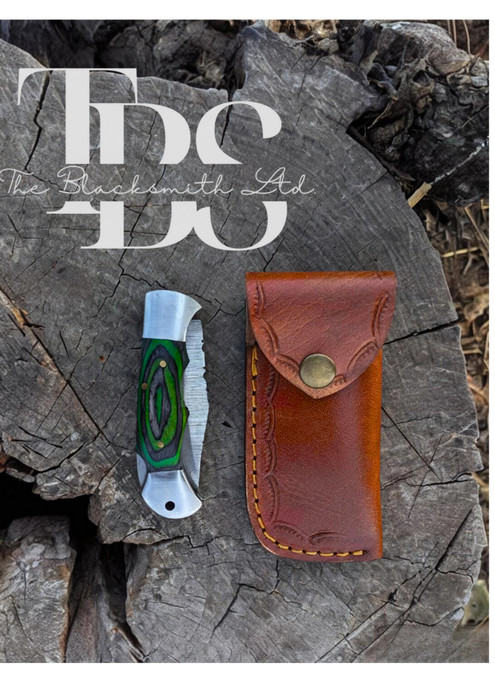 Green Handle Damascus Pocket Knife