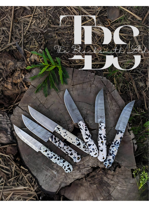 Handmade 6-Piece Chef Knife Set with White and Black Patch Handles, Damascus Steel Blades, and Leather Bag – Premium Gift for Chefs and Collectors