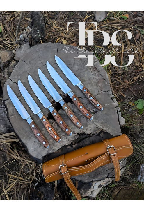 Handmade 6-Piece Knife Set with Brown Wooden Handles, Damascus Steel Blades, and Leather Bag – Perfect for Culinary Enthusiasts and Gifting