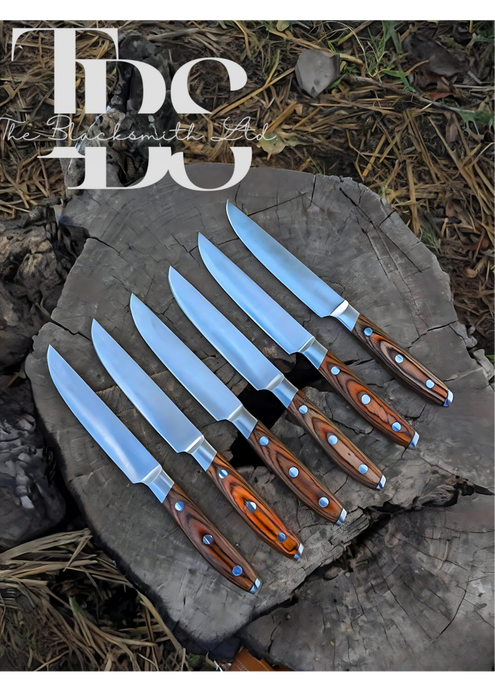 Handmade 6-Piece Knife Set with Brown Wooden Handles, Damascus Steel Blades, and Leather Bag – Perfect for Culinary Enthusiasts and Gifting