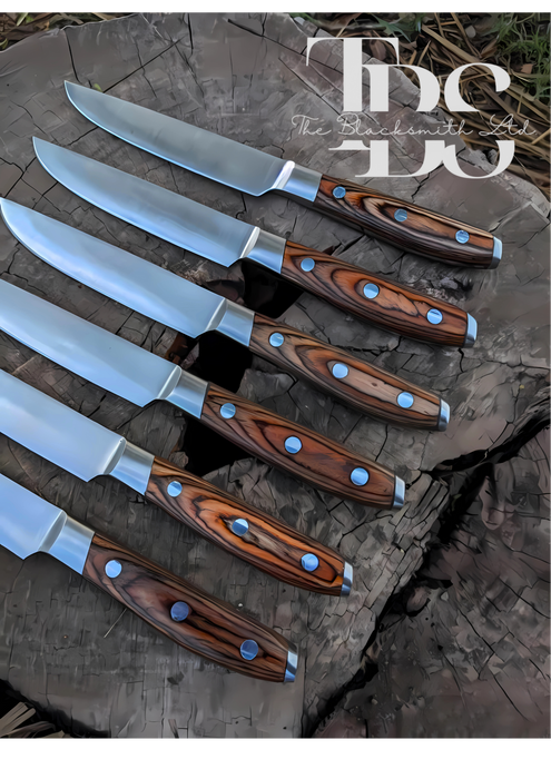 Handmade 6-Piece Knife Set with Brown Wooden Handles, Damascus Steel Blades, and Leather Bag – Perfect for Culinary Enthusiasts and Gifting